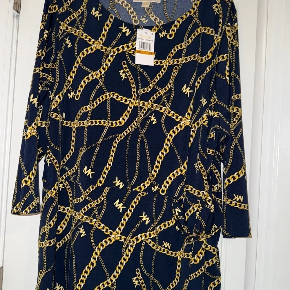 Michael Kors Black and Gold Chain Print Blouse New Plus 3x